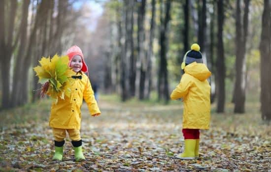 enfants qi font des bouquets de feuiiles en automne